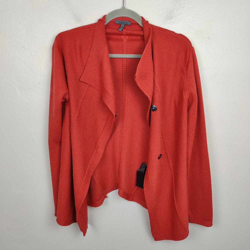 Oska Cardigan‎ Sweater Womens 1 US 6/8 Orange Red Asymmetrical 100% Virgin Wool - Picture 2 of 11